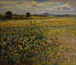 The Kuntick hora Castle with A Sunflower Field off The Labsk Pond near Sezemice, 2014, oil on canvas panel (60x70